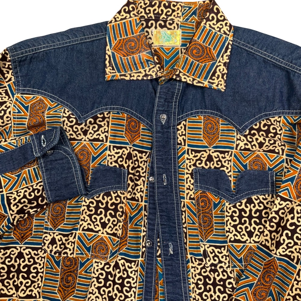 Unity Shirt Mens Small Blue Orange Western Snap Tribal Wax Print Geometric Denim